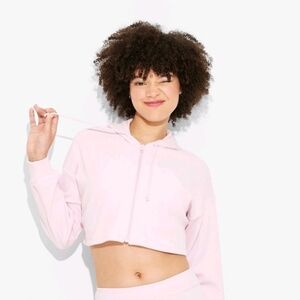 Women's Cropped Zip-Up Ribbed Hoodie Sweatshirt - Wild Fable Light Pink XL